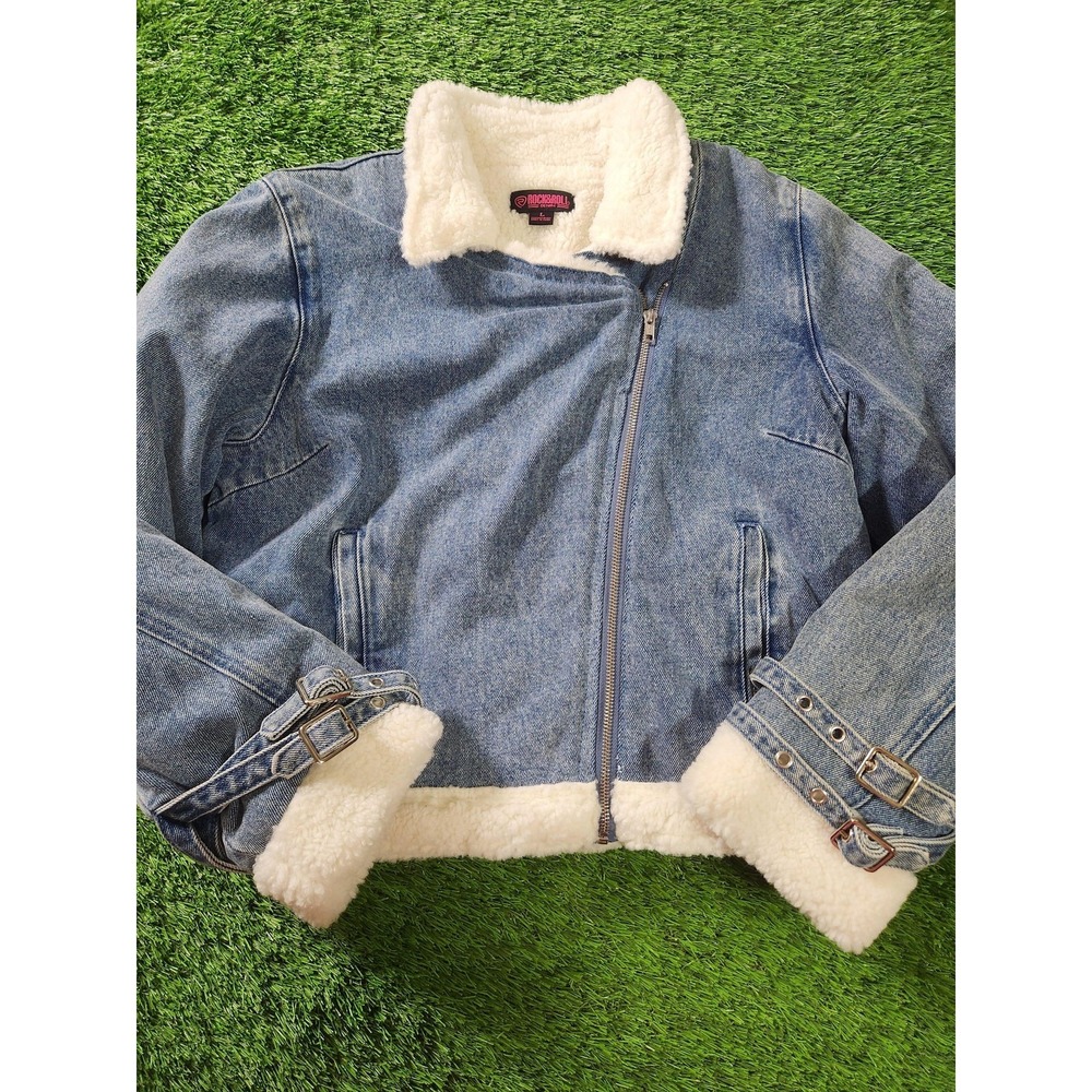Rock & Roll Denim Jacket Womens L Blue Sherpa Lined Moto Buckle Western Belted‎